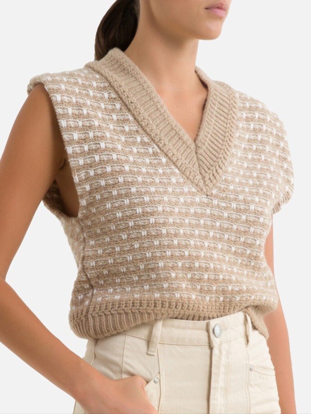 Suncoo Knit V-Neck Sweater Vest Wool Blend in Brown & White NWOT Size TO